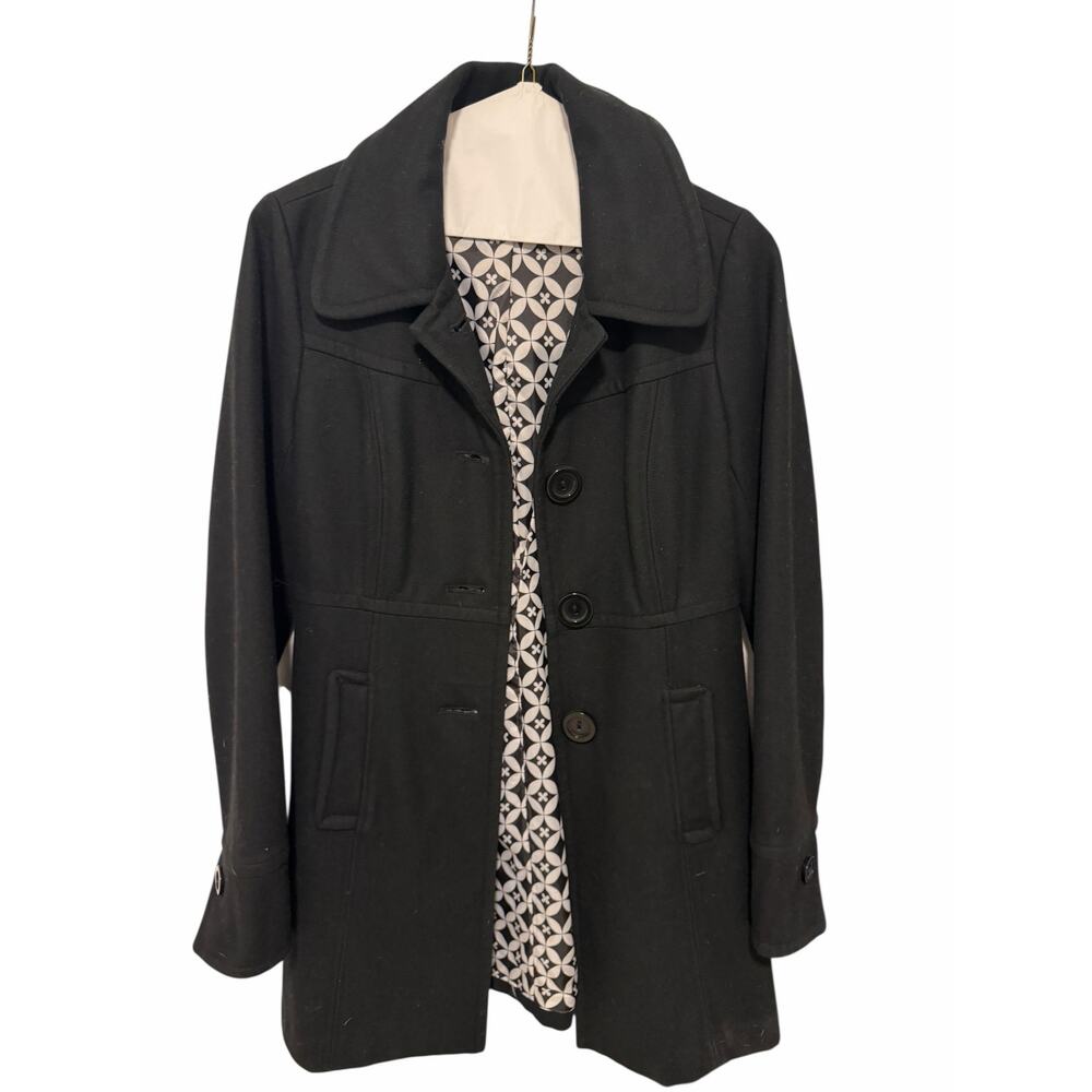 Anthropologie Tulle Womens Medium Black Wool Longline Long Sleeve Button Peacoat - Picture 2 of 10